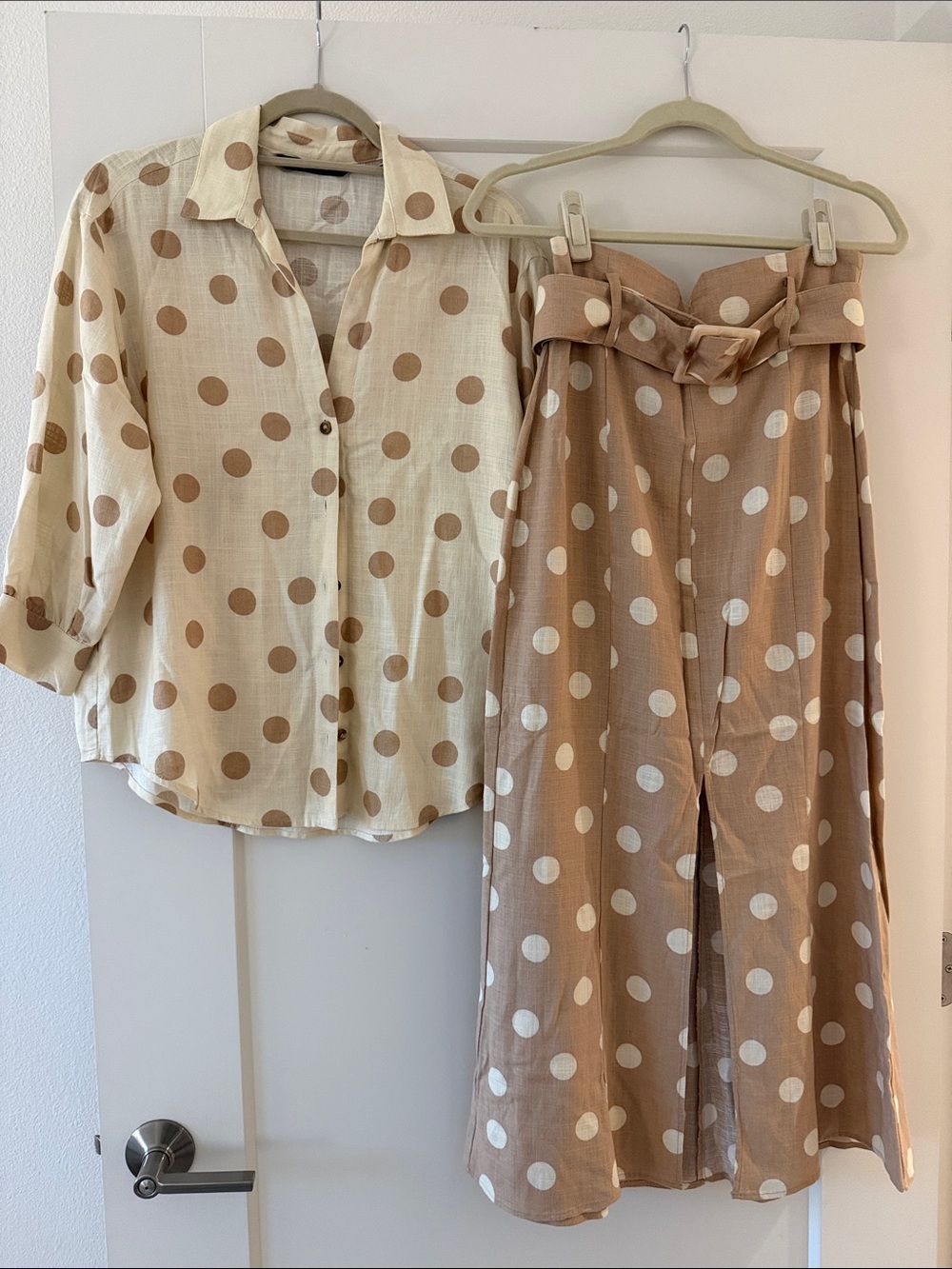 Zara Beige and White Polka two piece blouse with fitted skirt with belt